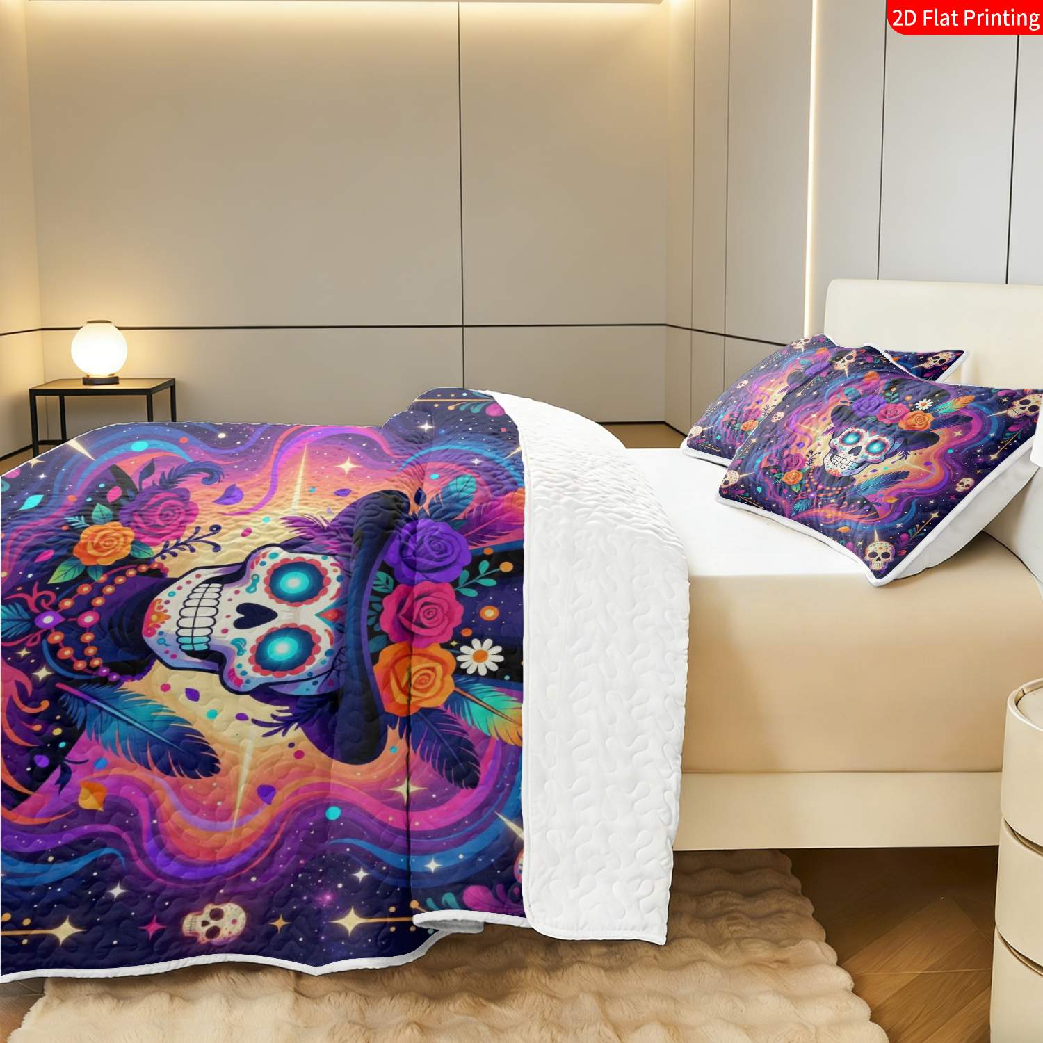 3 pcs, 2D Flat Print Day of the Dead Skull Art Bedspread Set, Soft and Comfortable, Multiple Sizes Available, Suitable for Gifting and Daily Use, Ideal for Creating a Cozy Home Atmosphere(1 bedspread , 2 pillowcases)