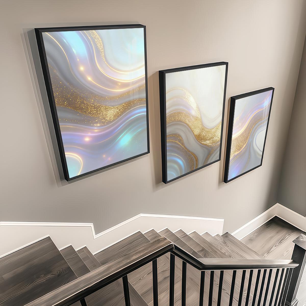 3 Counts Aluminum Alloy Framed Painting, Abstract Golden And Silver Fluid Art Pattern, Home Decoration For Living Room, Bedroom, Office, Restaurant, Hallway Wall Decor, Odorless Print Artwork, Luxury Perfect Gift For Friends And Family