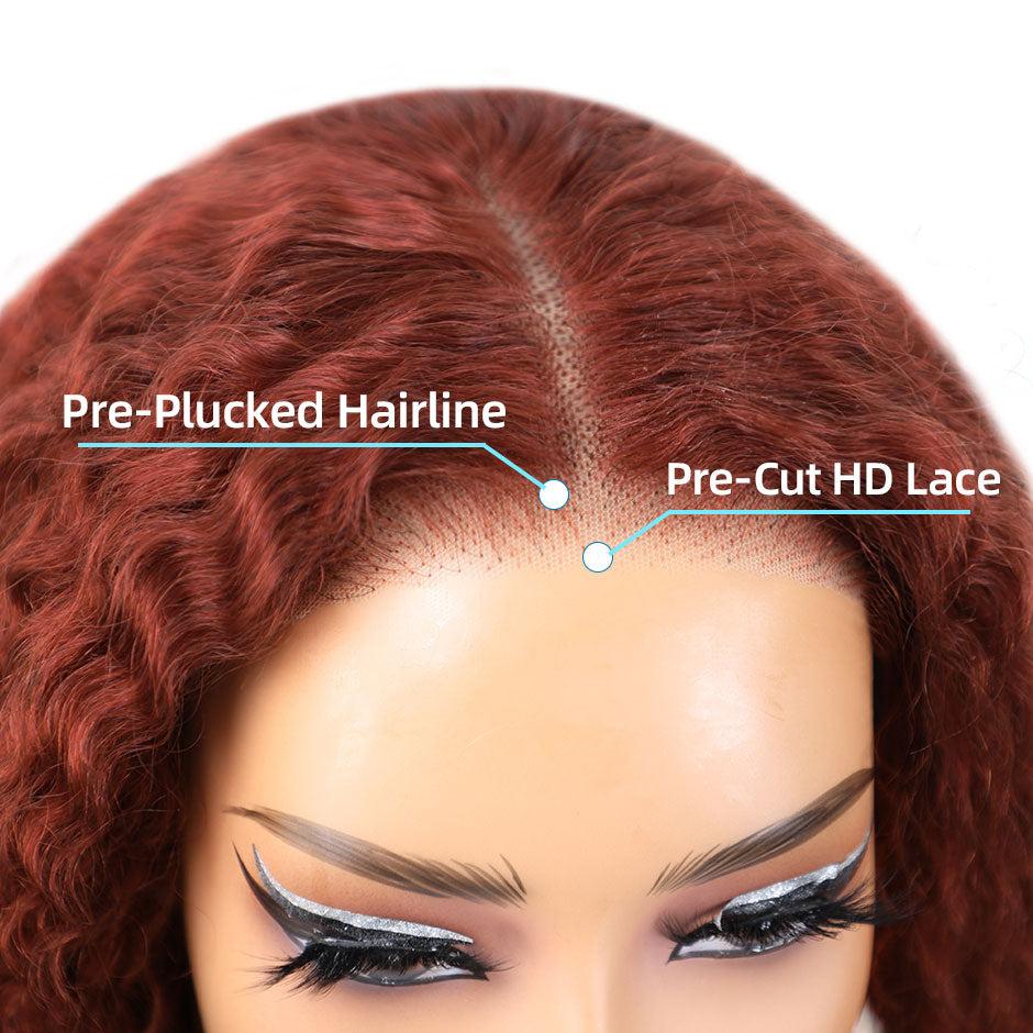 MORE FACE Wear and Go Glueless Wig #33 Reddish Brown Kinky Curly Wig Human Hair Pre Plucked Pre Cut 6*4 Transparent Lace Closure Wigs Natural Hairline