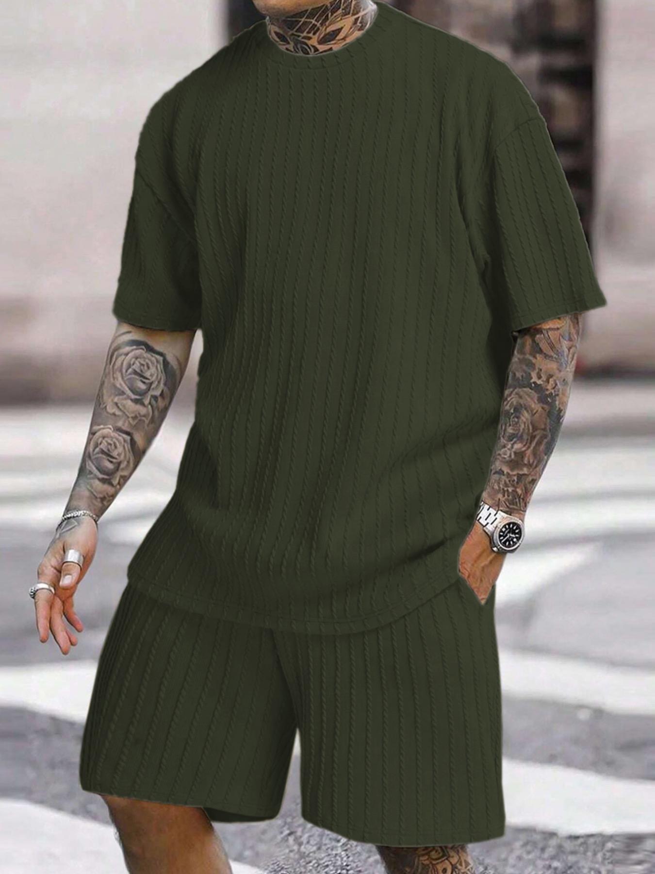 Men’s Streetwear 2-Piece Set – Soft Textured Knit Oversized Tee & Drawstring Shorts, Casual Summer Outfit