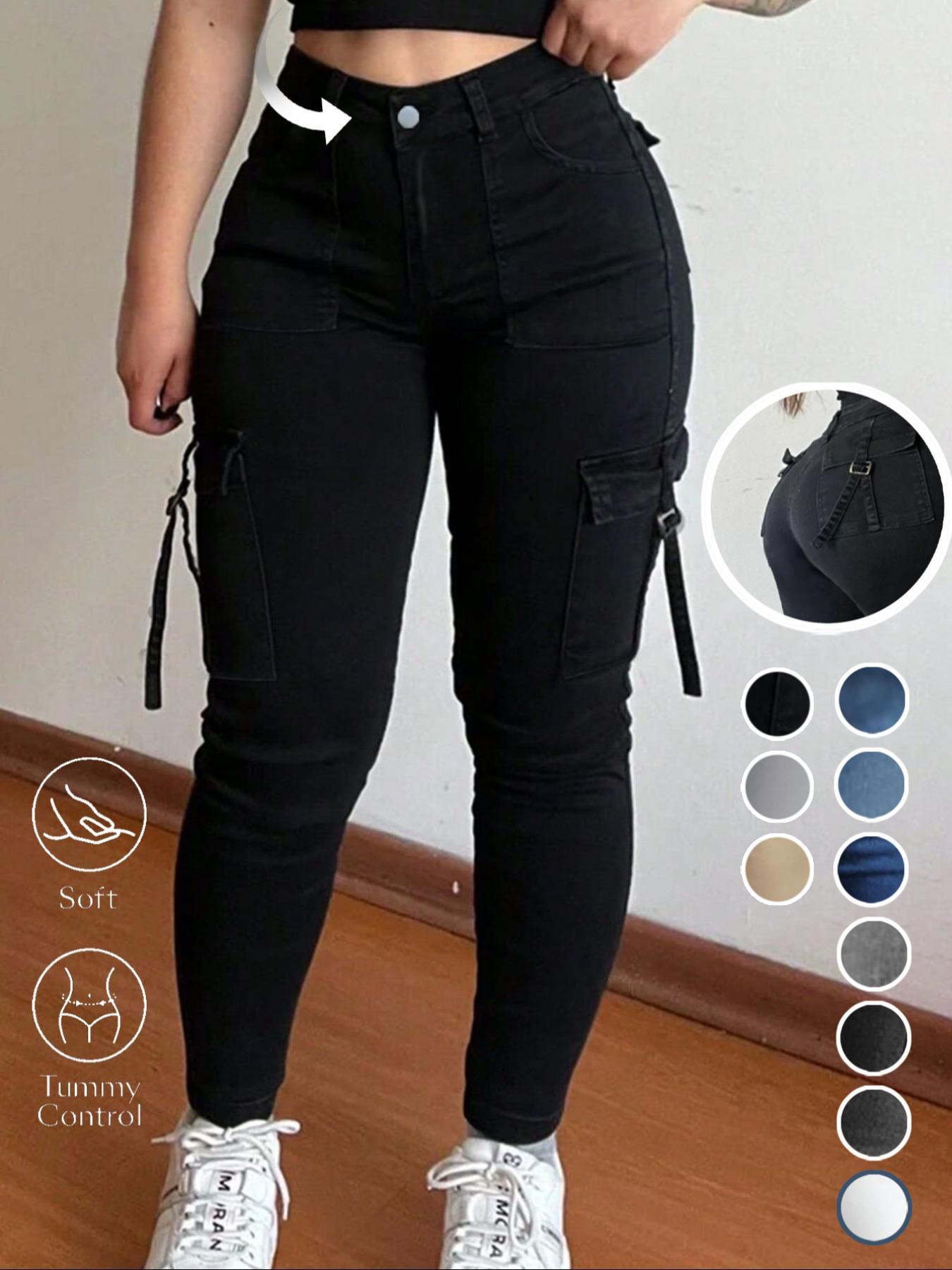 Women's Plain Multi-pocket Denim Elastic Slim Fit Button Cargo Pants, Casual Street Trousers for Everyday Wear, Ladies' Bottoms for All Seasons, Jeans, Womenswear