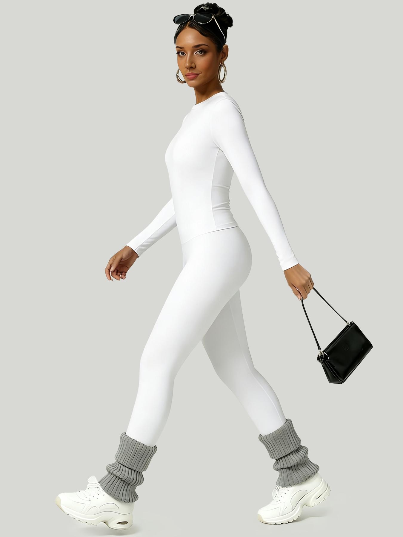 Women's Simple Solid Color Sportswear Set, Comfortable T-Shirt & Slimming Leggings, Perfect for Fall Winter Yoga & Daily Wear