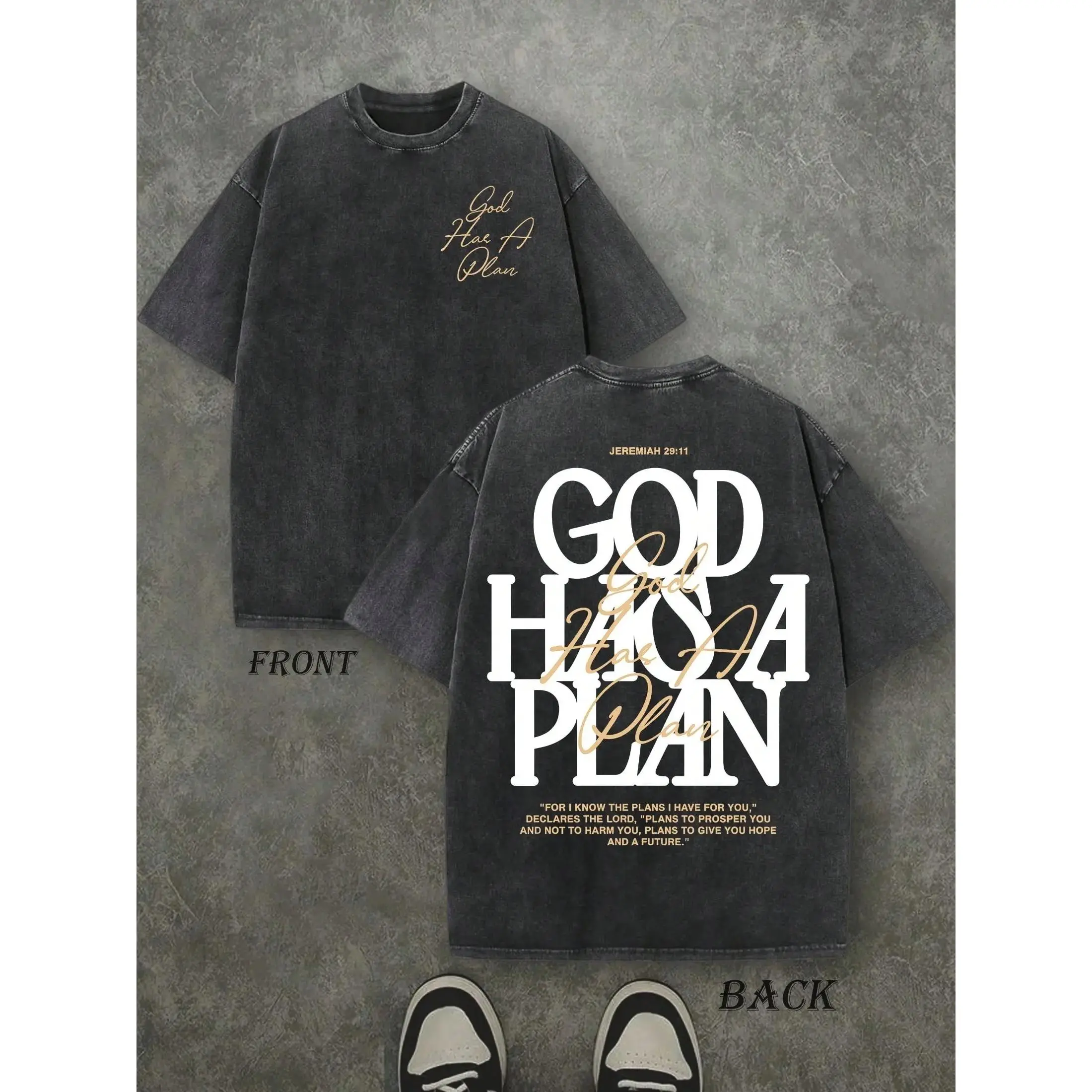 Vintage Washed "God Has a Plan" Double-Sided Print Tee |   230gsm Heavyweight Christian Streetwear, Unisex Wide-Shoulder Fit, High-Quality Cotton Casual Top for Men & Women