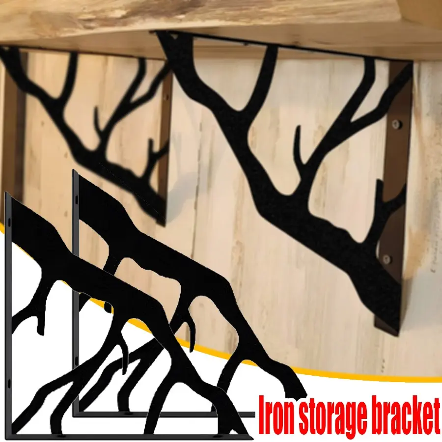 2pcs Black Metal Tree Branch Shelf Brackets, Rustic Farmhouse Decorative Wall Mount Shelf Supports, Heavy Duty Industrial Iron Brackets for Floating Wood Shelves, Wall Hold