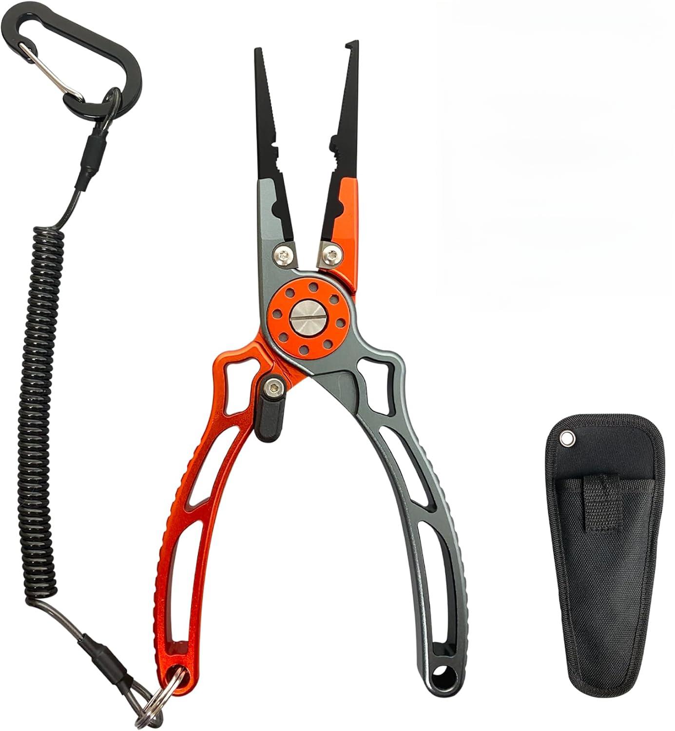 Fishing Pliers, Multi-Function Split Ring Plier Gear, Saltwater Resistant Teflon Coated Locking Hook Remover Cutter, Stainless Steel Top & Aluminum Body Tool Kit Tackle Set for Bass