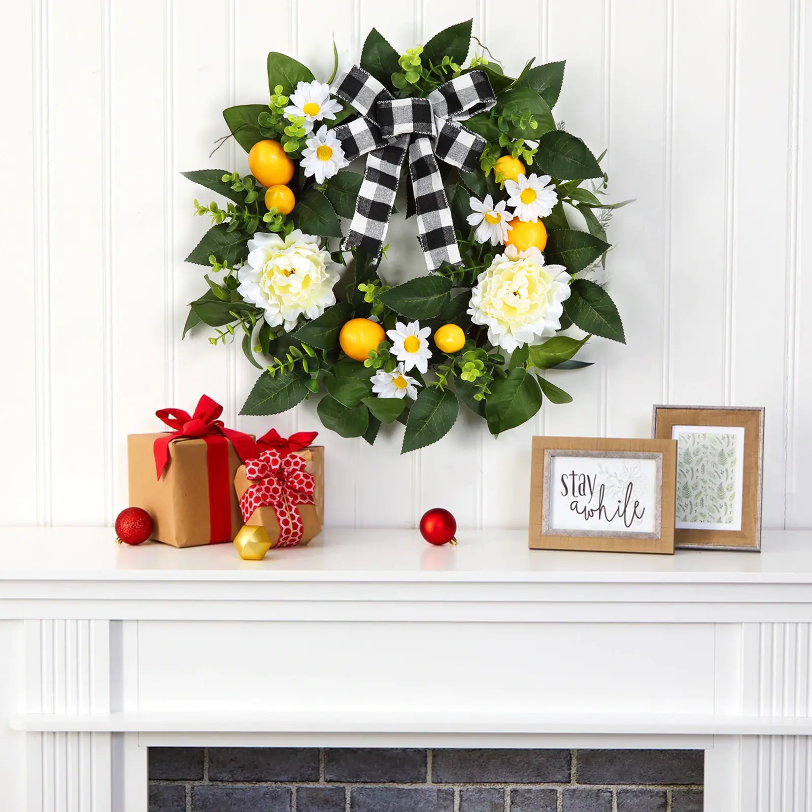 20 Inch Farmhouse‑Style Front Door Grapevine Wreath, Artificial Lemons, Peonies and Daisies, Spring and Summer Floral Ornament for Porch, Kitchen, Party, Indoor & Outdoor Home Decor