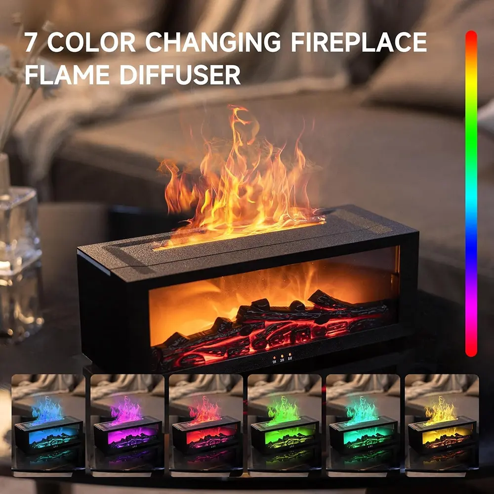 Fireplace Flame Air Diffuser Humidifier, 7 Colors Aromatherapy Essential Oil Diffuser, Ultrasonic Aroma Humidifier with Timer for Home, Bedroom, Office, Yoga