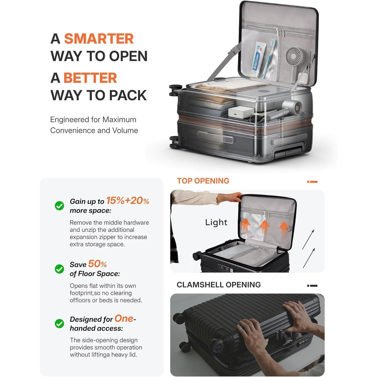 Expandable 20Inch Carry Luggage Airline Approved - Top Opening Hardside Travel Suitcase Unbreakable -with Cup Holder,USB Charge,Side Pothook, 360?Spinner Wheels, TSA Lock-Black Expandable 20Inch Carry Luggage Airline Approved - Top Opening Hardside Travel Suitcase Unbreakable -with Cup Holder,USB Charge,Side Pothook, 360?Spinner Wheels, TSA Lock-Black
