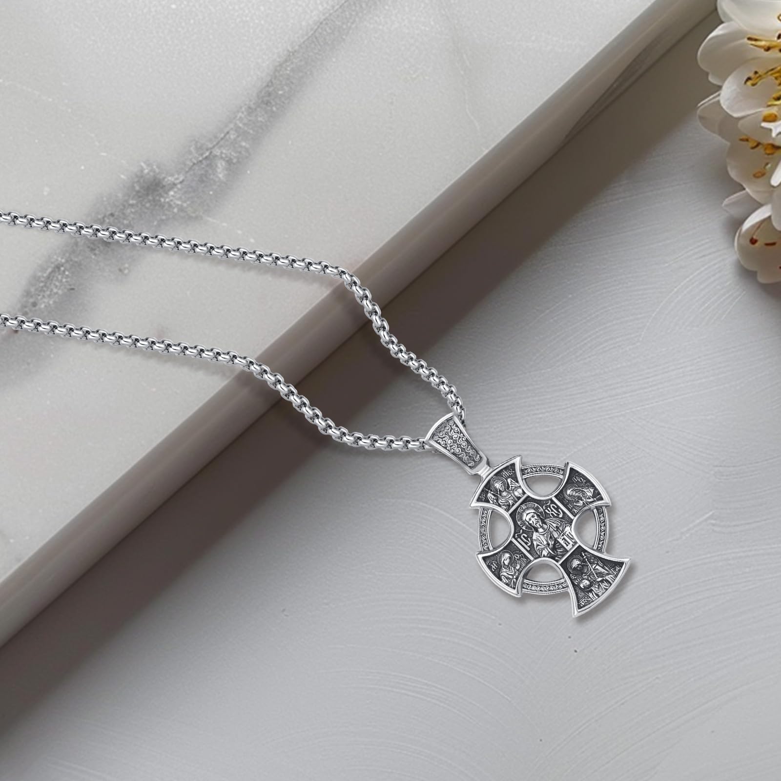 DRINSPER Orthodox Necklace 925 Sterling Silver Jewelry Four Way Cross Necklace Saint Patron Protection Jewelry for Men Women
