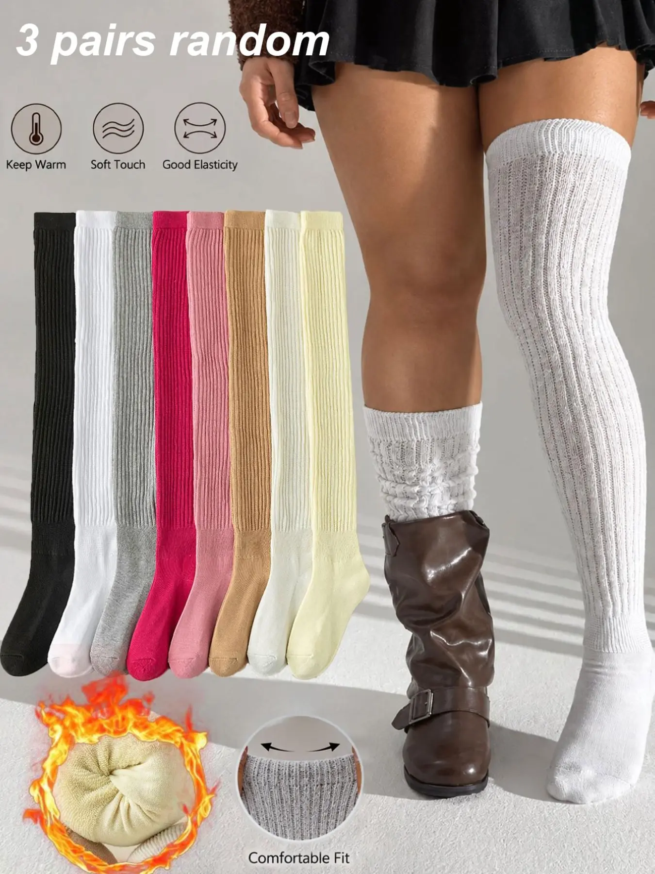 3 Pairs Women's Solid Over-The-Knee Socks, Warm Soft Ribbed Long Tube Socks, Elastic Boot Socks, Comfortable Fit, Y2K Style, All Seasons