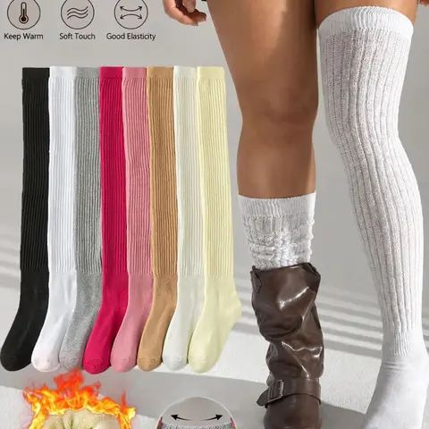 3 Pairs Women's Solid Over-The-Knee Socks, Warm Soft Ribbed Long Tube Socks, Elastic Boot Socks, Comfortable Fit, Y2K Style, All Seasons
