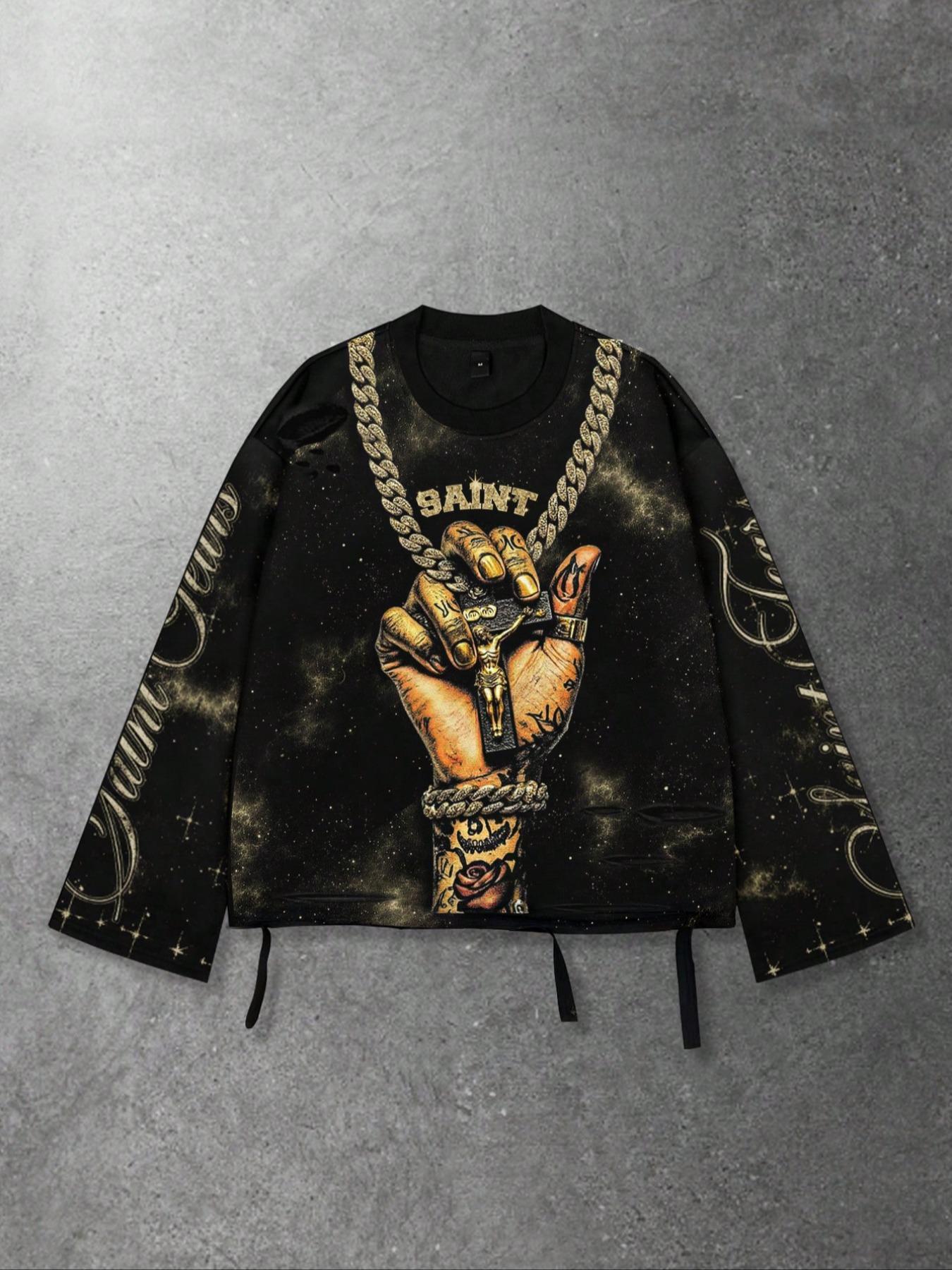 Men's Vintage Street Style Saint Graphic Print Long Sleeve Round Neck T-Shirt, Loose-Fitting Short Fit, Fall 2000s Fashion