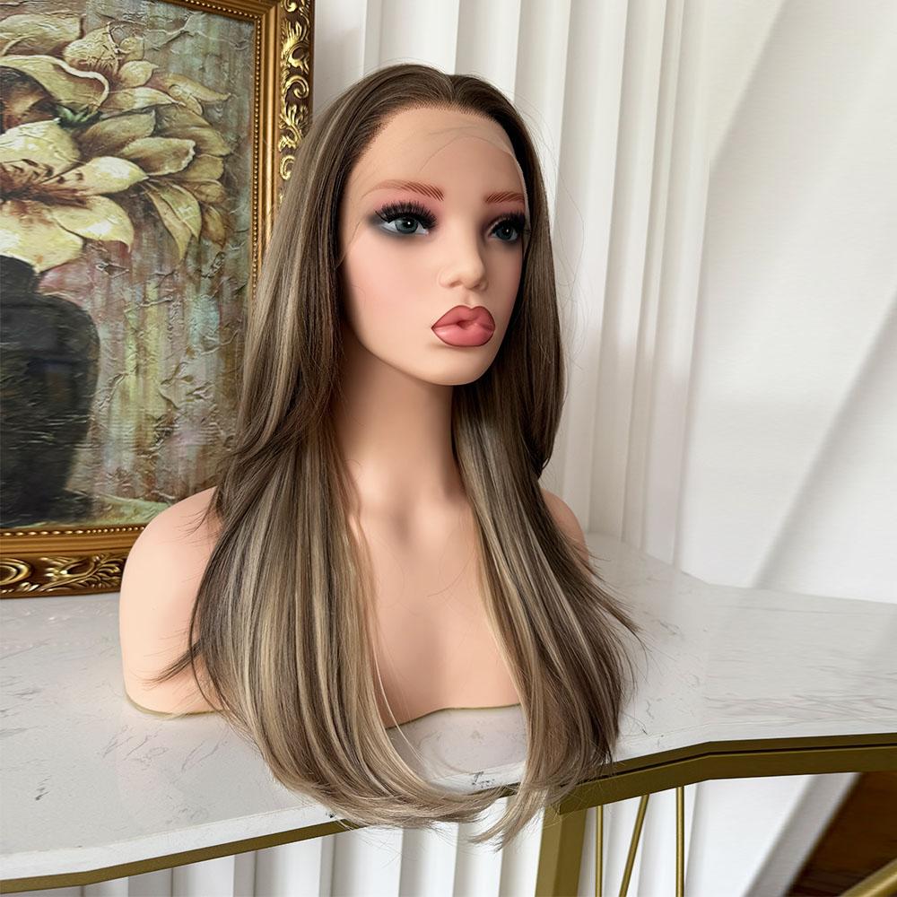 Lovestory Penelope Hair Blonde Highlight Synthetic Lace Front Wigs Heat Resistant 20Inch Pre Cut Pre Layered Lace Front Wigs for Women Natural Hairline