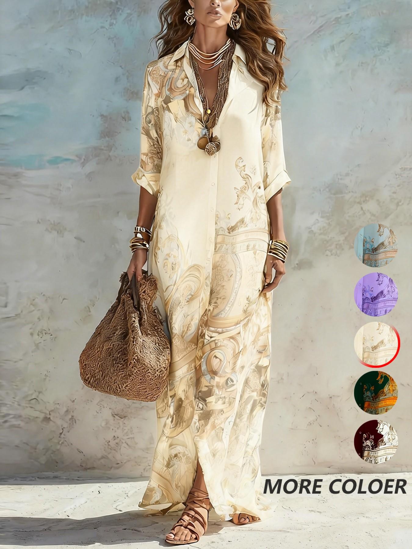 Casual Random Print Notched Lapel Button Long Maxi Slim Fit Dress, Autumn Party Gown, Women's Fashionable Evening Wear, Elegant and Comfortable Design, Elegance