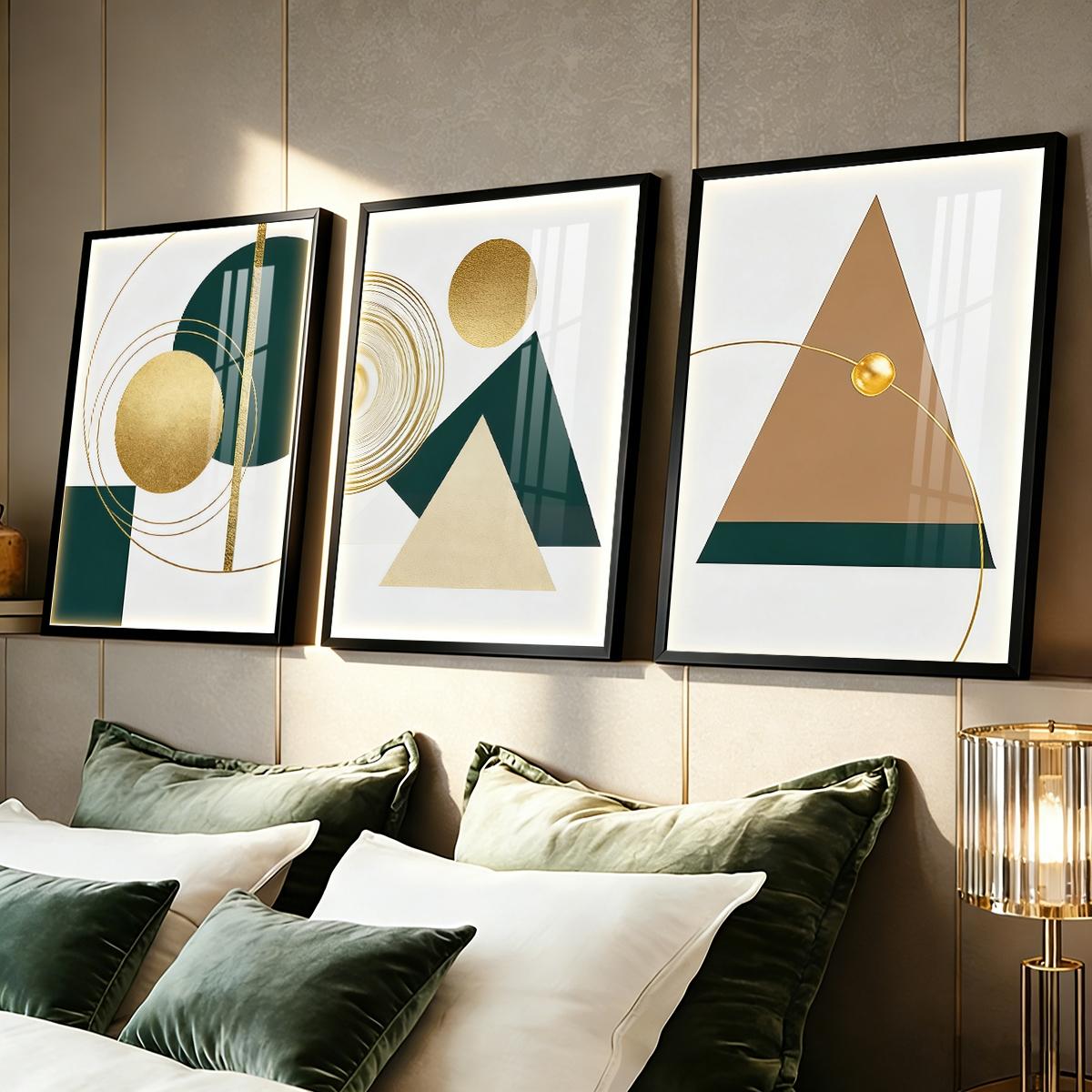 3 Counts Aluminum Alloy Framed Painting, Geometric Gold And Green Abstract Shapes Pictures, Home Decoration For Living Room, Bedroom, Office, Restaurant, Hallway Wall Decor, Odorless Print Artwork, Luxury Perfect Gift For Friends And Family