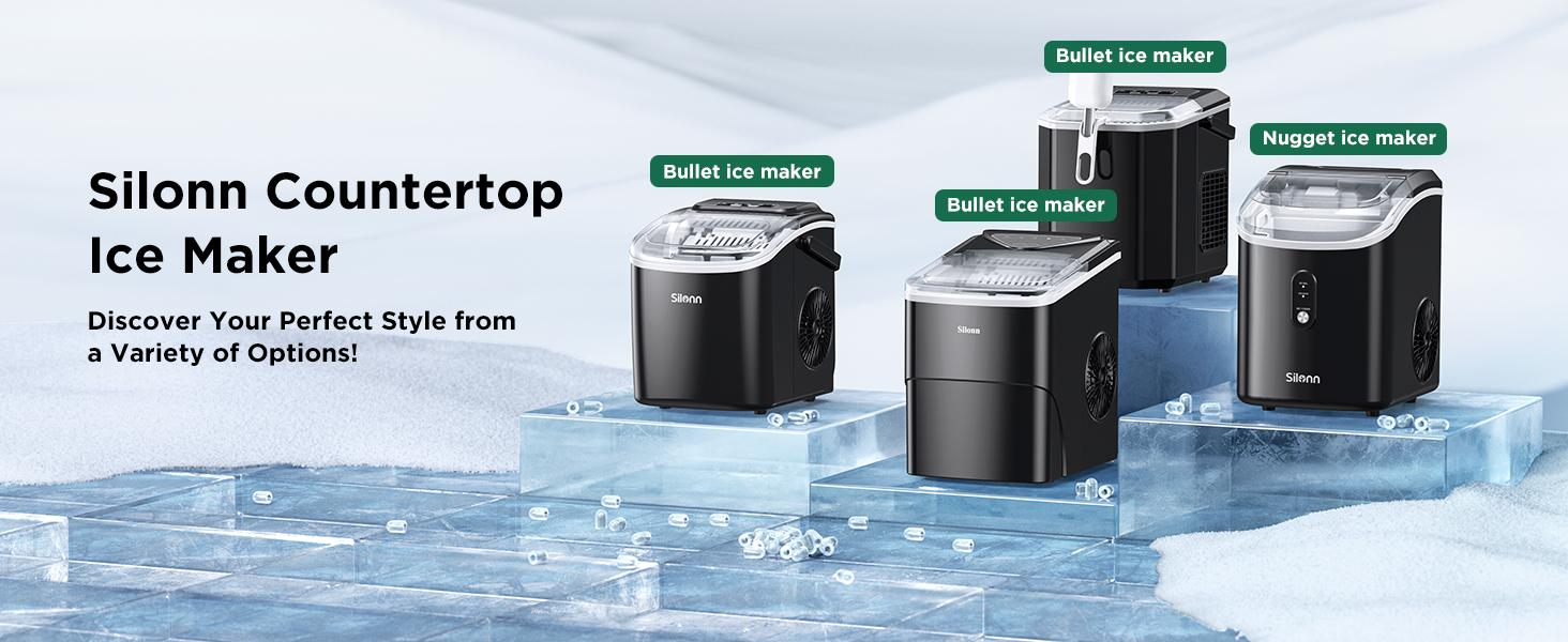 Silonn Ice Maker Countertop, Portable Ice Machine with Carry Handle, Self-Cleaning Ice Makers with Basket and Scoop, 9 Cubes in 6 Mins, 26 lbs per Day, Ideal for Home, Kitchen, Camping, RV