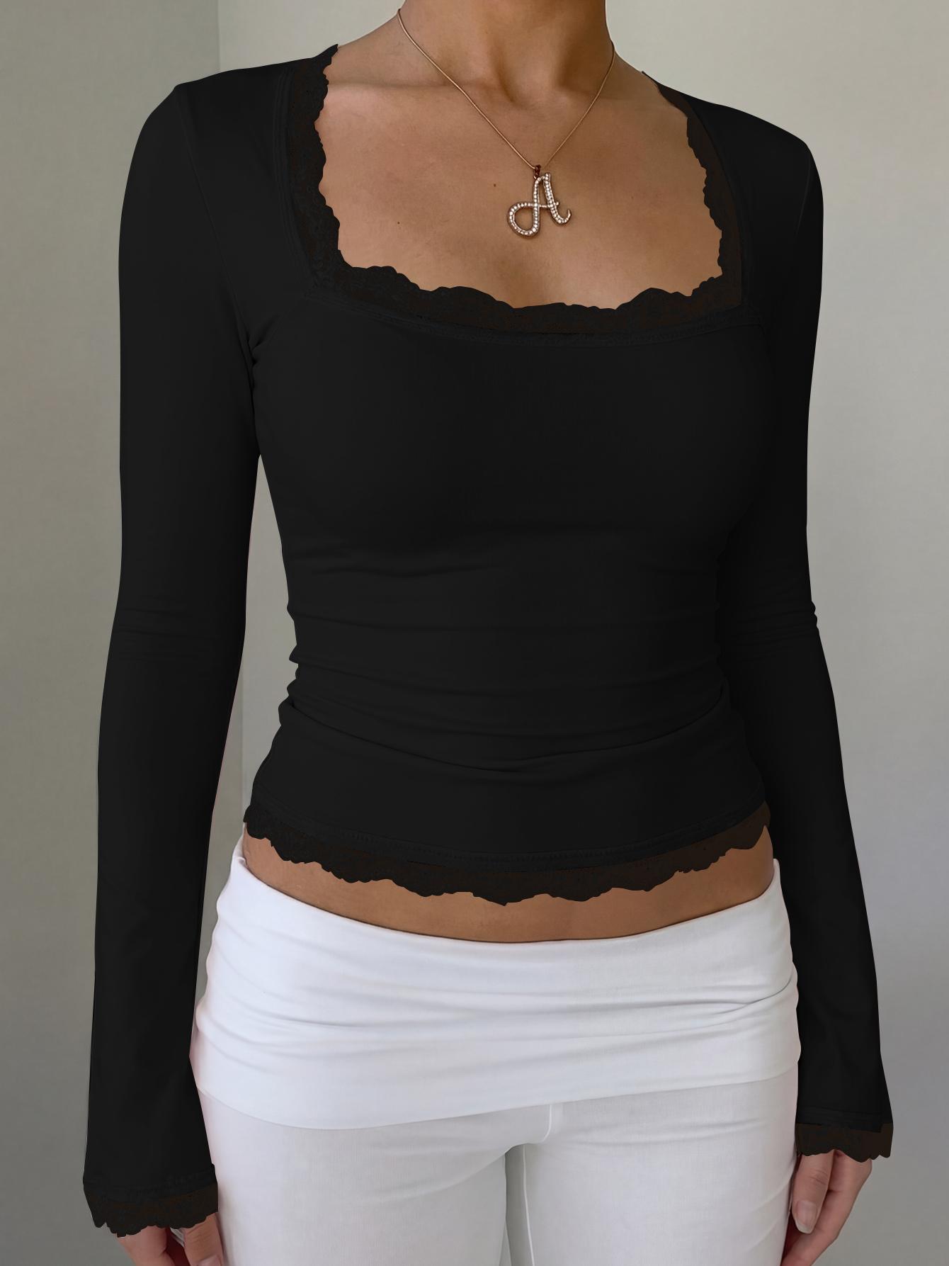 Women's Square Neck Top, Solid Lace Trim Long Sleeve T-Shirt, Elegant Chic Plain Flared Sleeves Slim Fit Crop Top for Spring, Fall and Winter, Womenswear, Blouses Shirts Tops, Casual Elegant Classy, Perfect for Parties, Dates and Everyday Wear