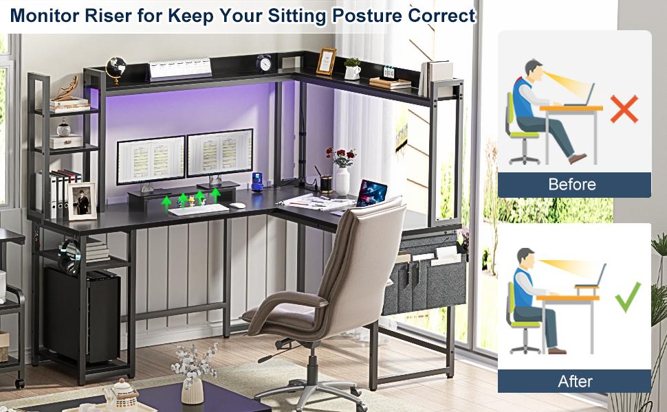 L Shaped Gaming Desk, Reversible L Shaped Desk with Power Outlet and Led Lights, Gaming Desk Corner Computer Desk with Hutch, Monitor Stand and Storage Bag for Home Office, Black