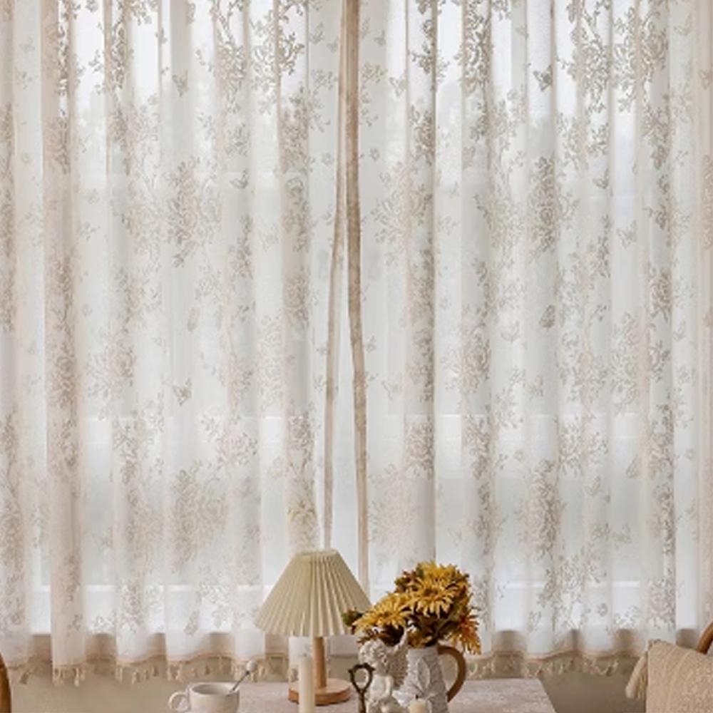 1pc Cream Hollow Mirror Sheer Curtain, Sun Protection Insulation UV Block, Universal for Living Room Bedroom Kids' Room, Rod Processing