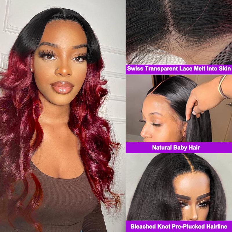T1b/99j Color Glueless Body Wave Brazilian Human Hair Wigs For Women 5×5 Glueless Lace Wig Suitable for Beginners in Wigs Black Wine Red Gradient Wig