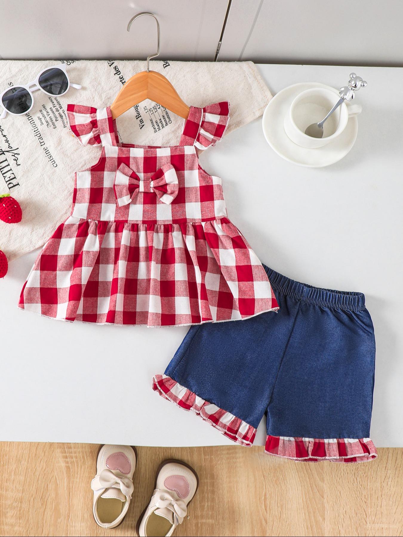 Baby Girl Vintage Plaid Bow Vest Set, baby clothing, Outfits, Fitted Denim Shorts, Summer, Comfortable Daily Wear, Perfect Gift