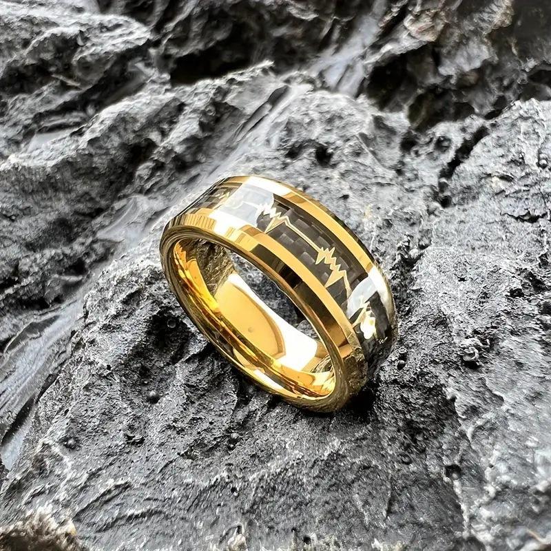 8Mm Beveled Stainless Steel Ring With Inlaid Black Carbon Fiber And Gold Heartbeat Pattern, Minimalist Daily Wear Statement Band Jewelry