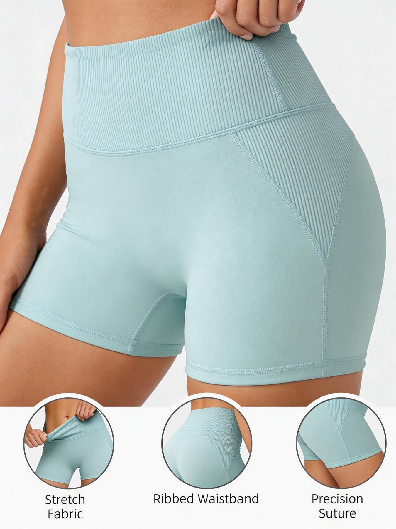 Women's High Waist Yoga Shorts, Ribbed Waist Tummy Control Butt Lift Gym Shorts, Four Way Stretch Anti-See Through Fitness Running Shorts