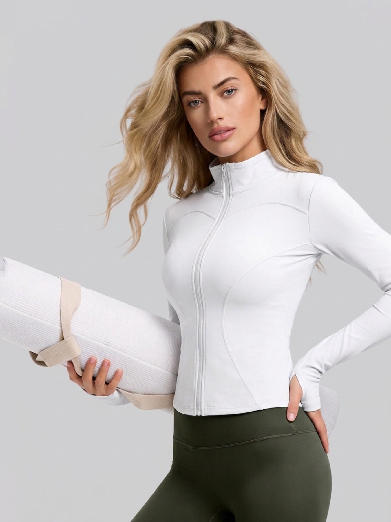 Women High Stretch Stand Collar Thumbhole Fitness Top, Breathable Running Slim Yoga Shirt, Long Sleeve Tight Workout Jacket, Workout Wear