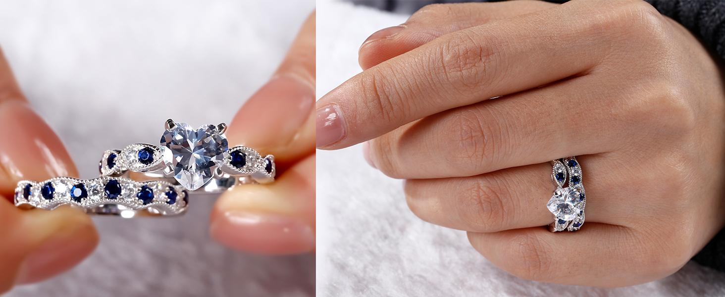 Jeulia 3 Carat CZ Solitaire Engagement Rings Halo Milgrain Heart Cut Sterling Silver Ring Set Promise Engagement Wedding Anniversary Rings Bridal Sets for Women