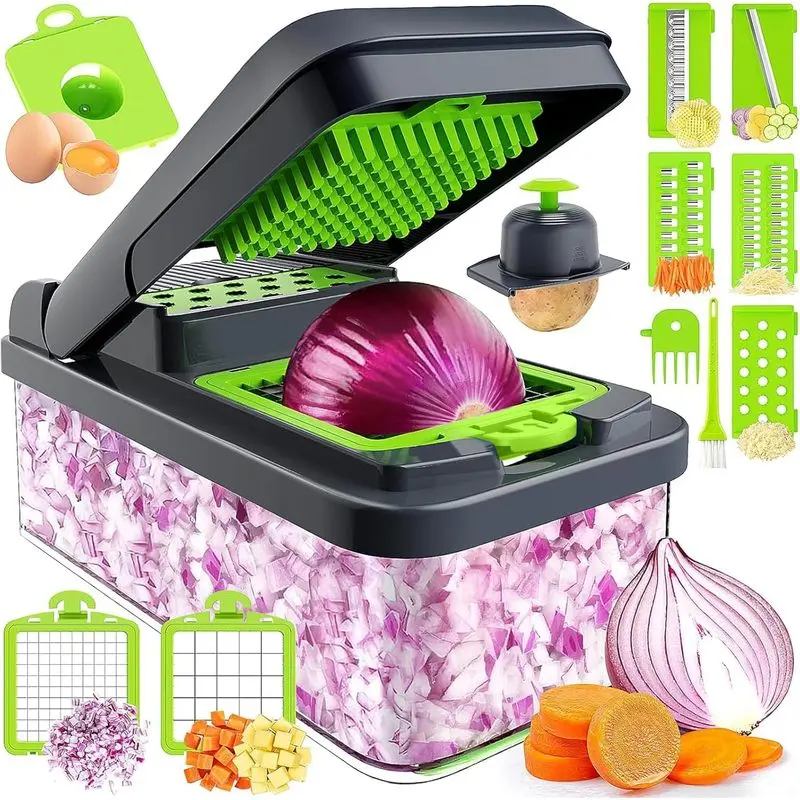 12-in-1 Vegetable Chopper with Container, 7-Blade Onion Food Chopper and Cheese Grater, Stainless Steel Slicer and Shredder for Fast Meal Prep, Salads, Home Cooking and Holiday Kitchen Gifts, Green
