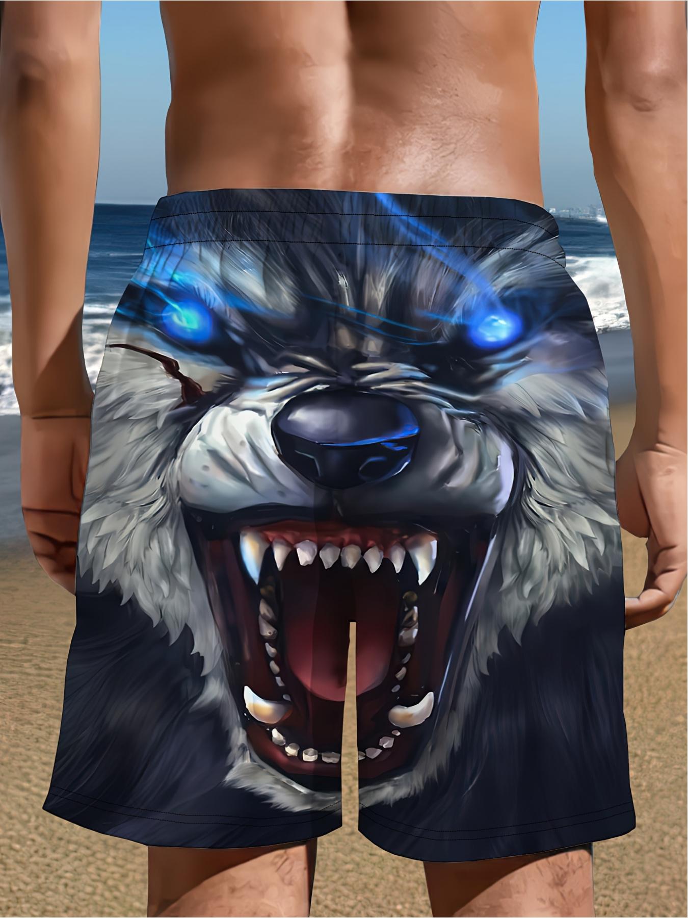 Men's extra-large and extra-extra large 3D printed pattern shorts - Bold wolf design, featuring blue eyes and white fur, breathable polyester beachwear, adjustable waist design, machine washable, adjustable swimsuit, wolf pattern shorts, polyester shorts