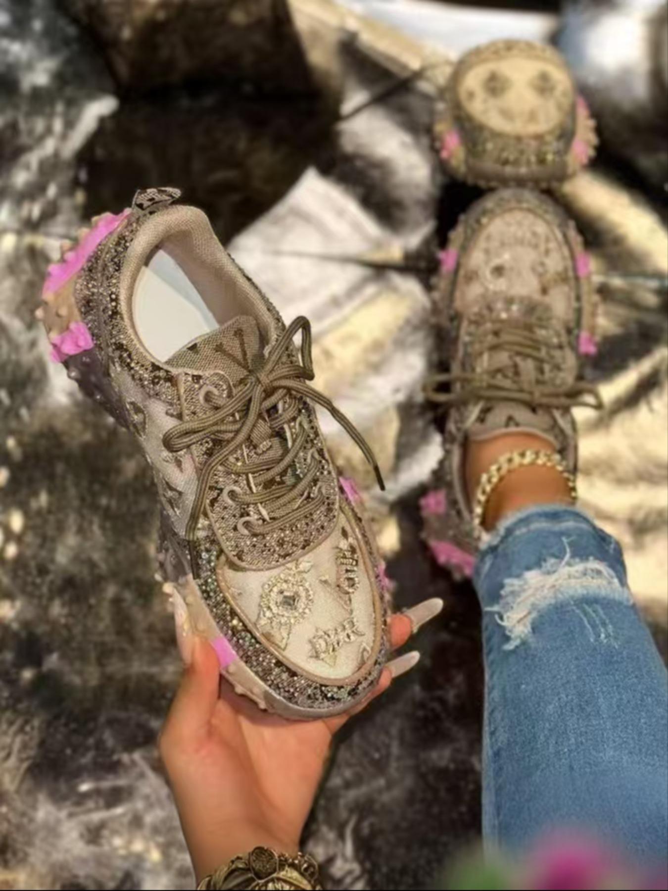 Sweet Cool Full Diamond New Street Casual Sports Shoes, Textile Upper, Rubber Sole, All Seasons, Less Than Ankle Height, Plain Style