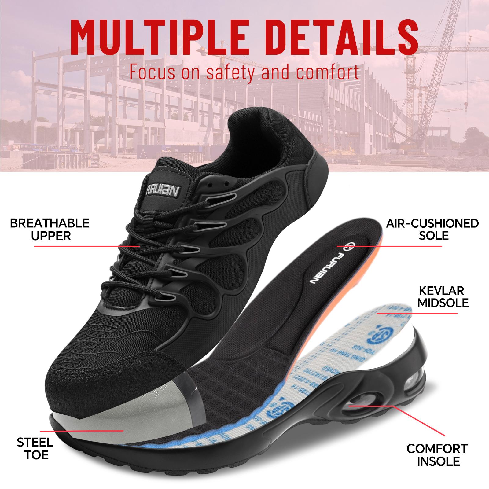 Furuian Men's Breathable Steel Toe Safety Shoes Lightweight Kevlar Midsole Anti-Slip Work Sneakers with Cushioned Air-Cushion Insole for Men Women - Footwear Furuian Men's Breathable Steel Toe Safety Shoes Lightweight Kevlar Midsole Anti-Slip Work Sneakers with Cushioned Air-Cushion Insole for Men Women - Footwear