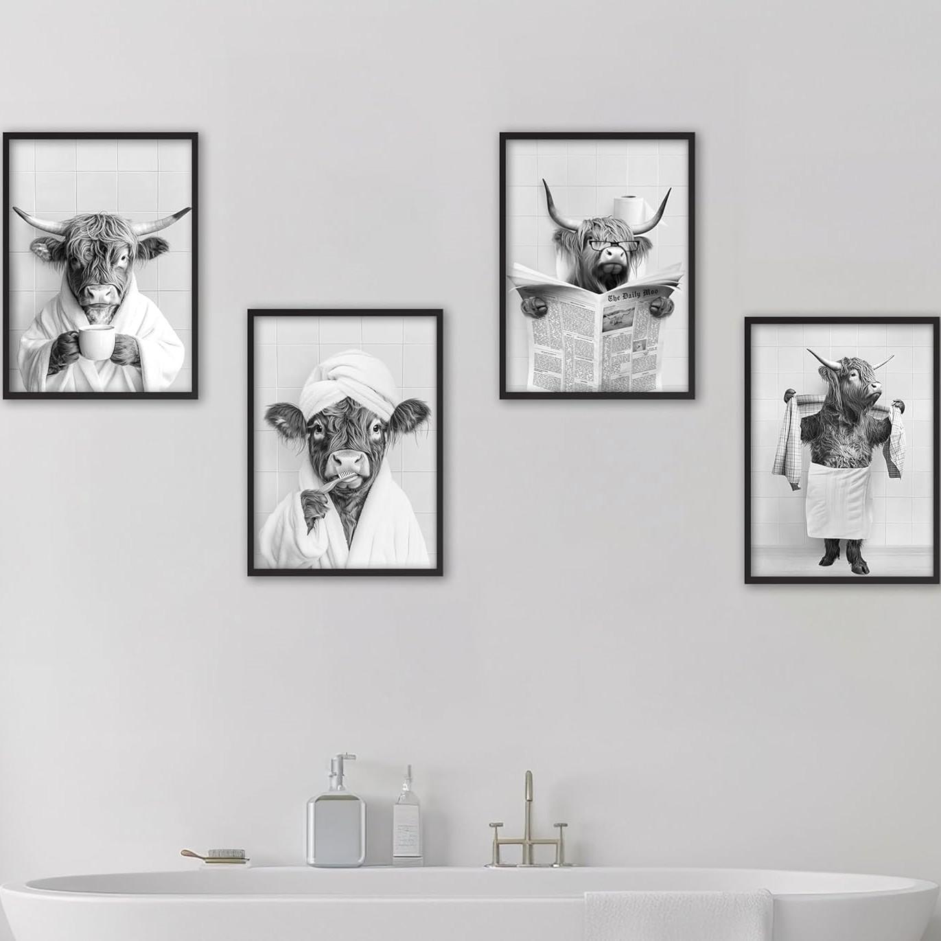 4pcs/set Frameless Funny Bathroom Humorous Animal Painting Calligraphy HD Canvas Poster living room bedroom bar aesthetic decoration