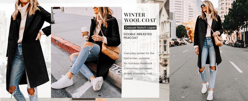SCUSTY Women's Winter Notch Lapel Double Breasted Wool Blend Mid Long Pea Trench Coat with Two Side Pockets SCUSTY Women's Winter Notch Lapel Double Breasted Wool Blend Mid Long Pea Trench Coat with Two Side Pockets