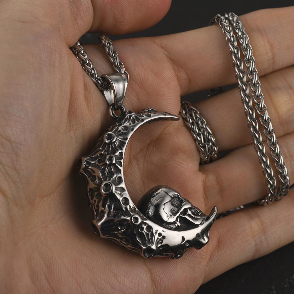 FaithHeart Crescent Moon Skull Necklace Stainless Steel Gothic Necklace