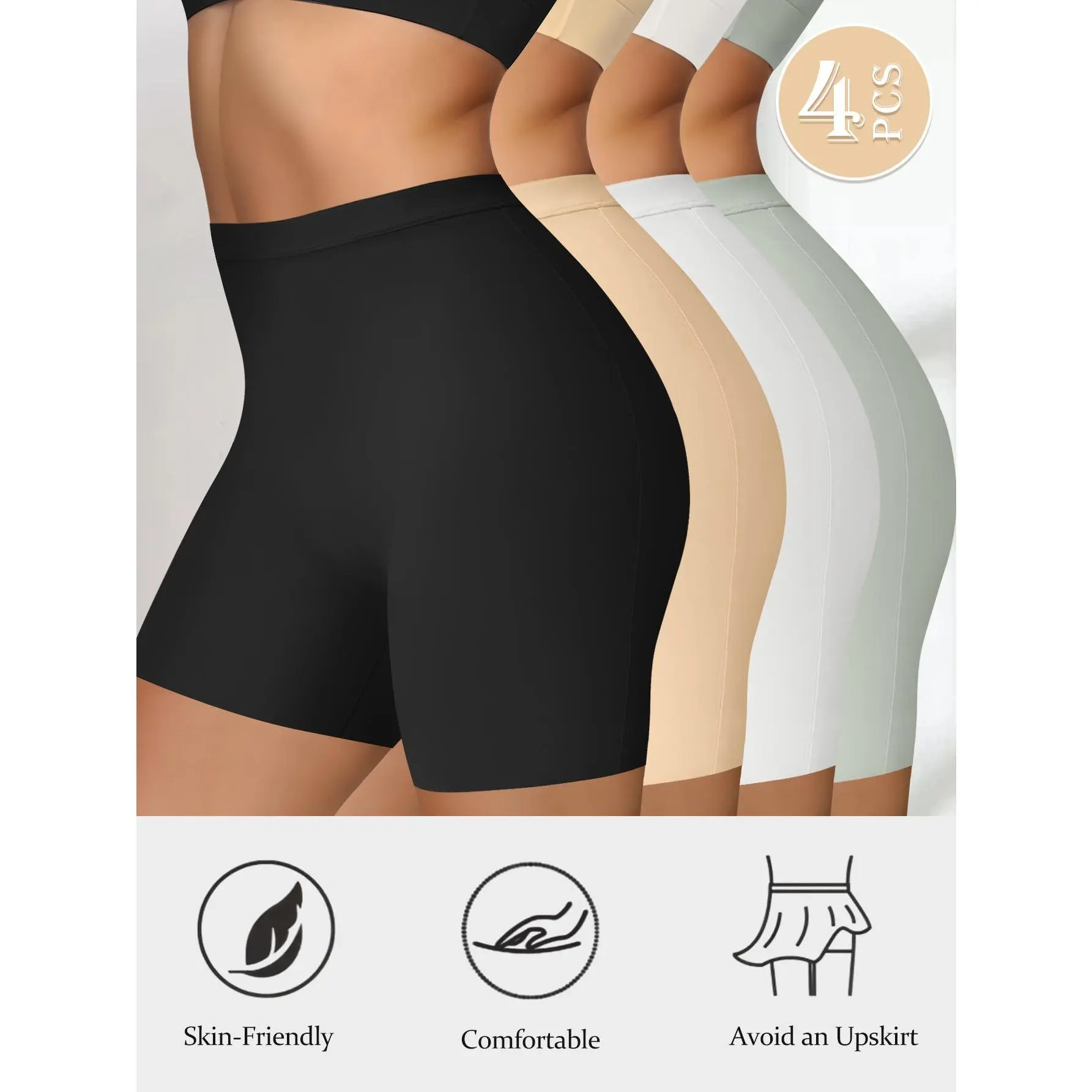 QUASTI 4Pcs Women's Seamless Boyshort Underwear, Mid Rise Ice Silk Panties, Soft & Smooth Nylon Blend Briefs, Stretchy Comfortable Basic Underwear for Women, Full Coverage Everyday Panties