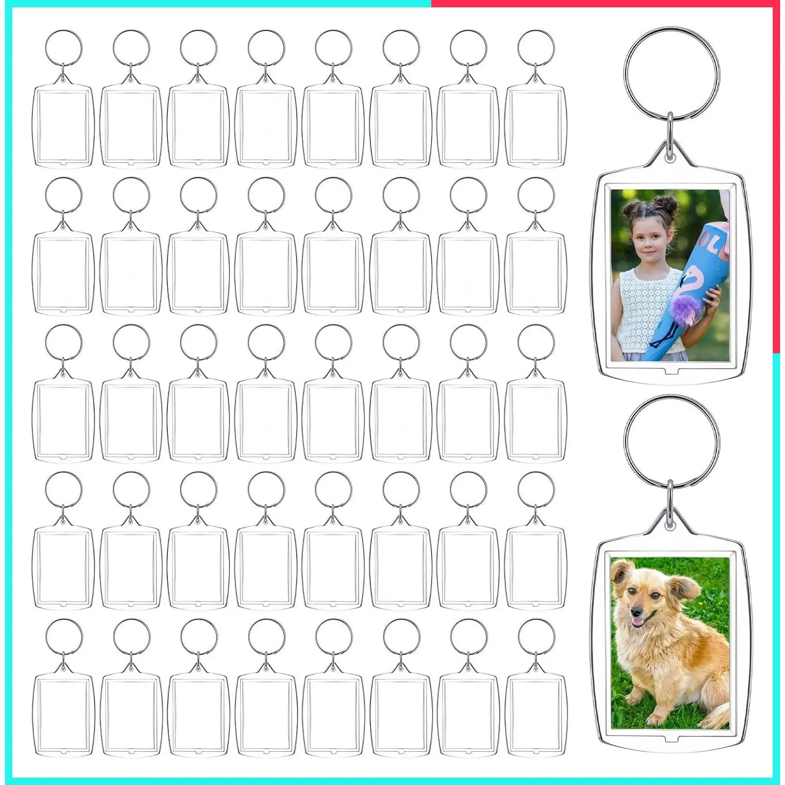 100 PCS Acrylic Photo Frame Keychains, Personalized Clear Picture Keyring Bulk Set, Custom Photo Keepsake Gift