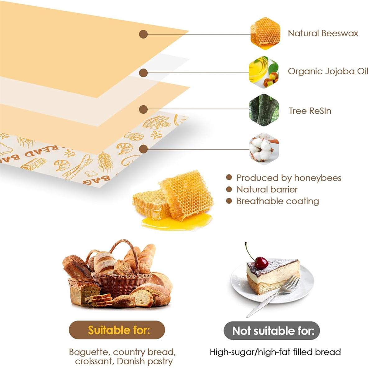 Reusable Beeswax Bread Bags - Large 17x13 Inch for Sourdough & Homemade Bread Storage, Beeswax Preservation, Food Storage Bags, Snack Bags, Heavy Duty Food Bags for Travel, Easy to Clean & Daily Use, Washable, Ideal for Home Baking