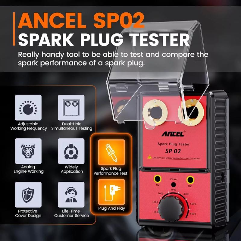 ANCEL SP02 Spark Plug Tester, Double Hole Testing 110V-240V 12V Car Spark Plug Detector with Protective Cover, 0–6000 RPM Adjustable Working Frequency, Automotive  Ignition Analyzer Diagnostic Tool