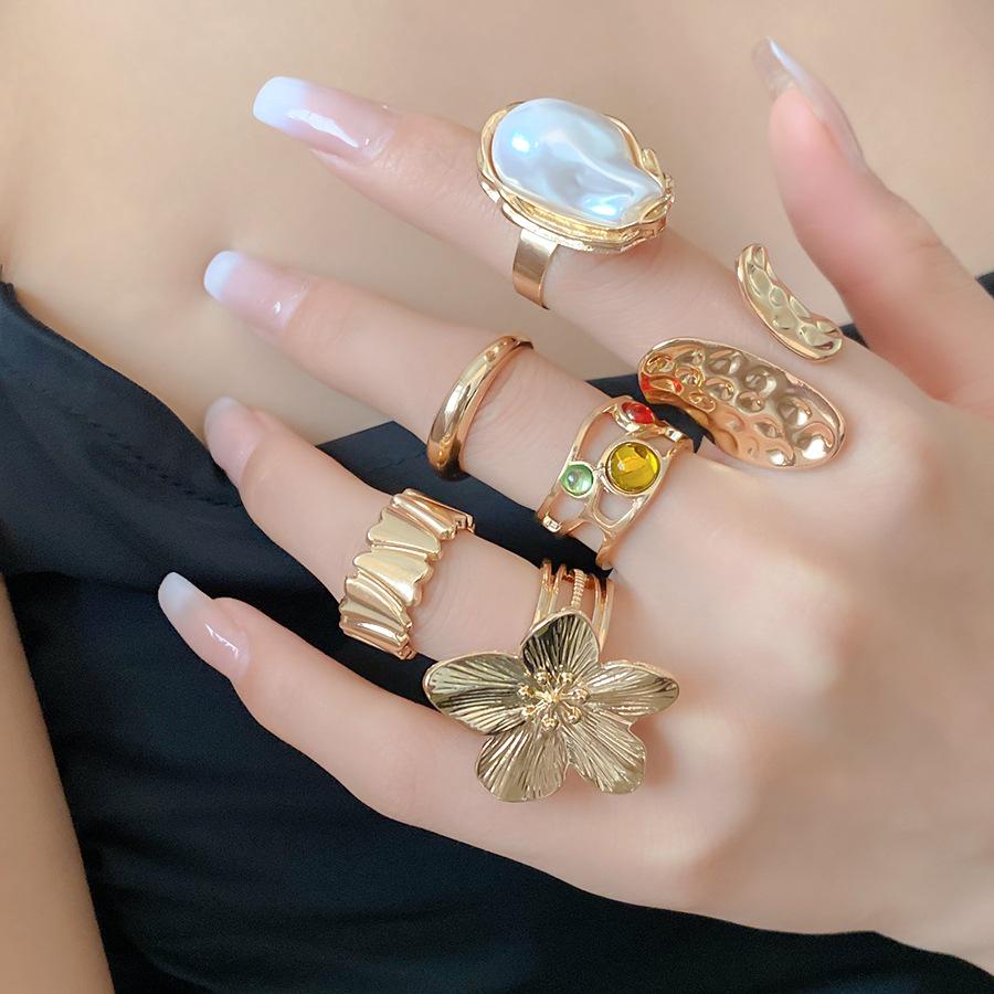 6-Pair Metal Wrinkled Flower Open Rings, Trendy Elegant Minimalist Luxury Hand Jewelry