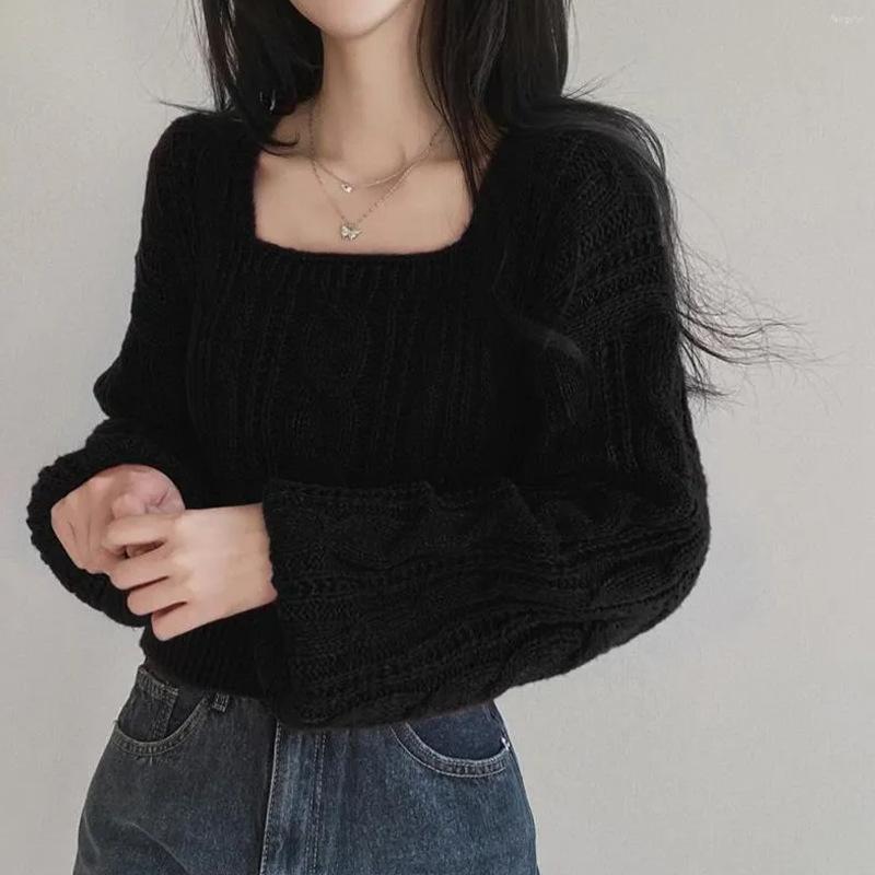 NewWomen's Pullover Square Neck Lantern Sleeve Knitted Casual Sweater Cable-knit Square Neck Solid Color Cropped Top