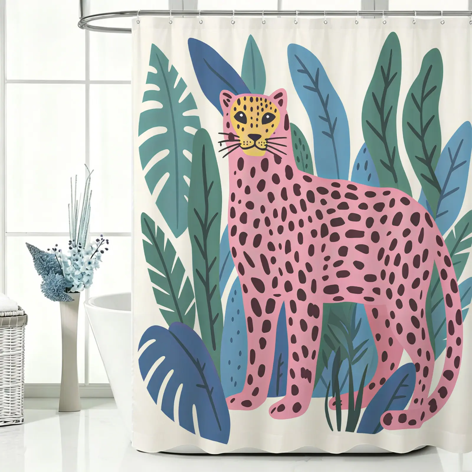 Personalized wild beast art painted shower curtain, includes 12 hooks, waterproof and wash‑resistant fabric, decorative partition curtain suitable for home, dorm and hotel bathroom