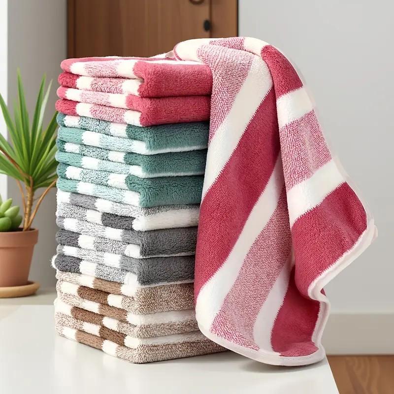 12pcs Coral Fleece Striped washcloth Set, Ultra Soft, High Absorbency, No Shedding, Bathroom Towels, Durable, Home Use, School, Beauty Salon, Super Absorbent Towel