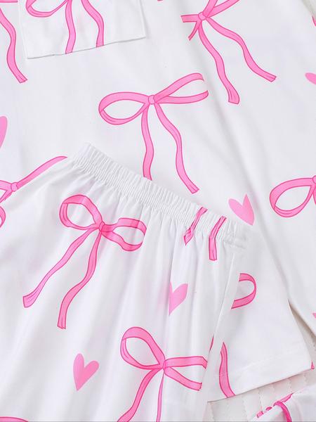 Women's Cute Bow Print Pajama Set,Valentine's Day Gift ，Fall & Winter Casual Homewear, Soft Elastic Fabric, Long Sleeve Shirt Collar Top & Pants
