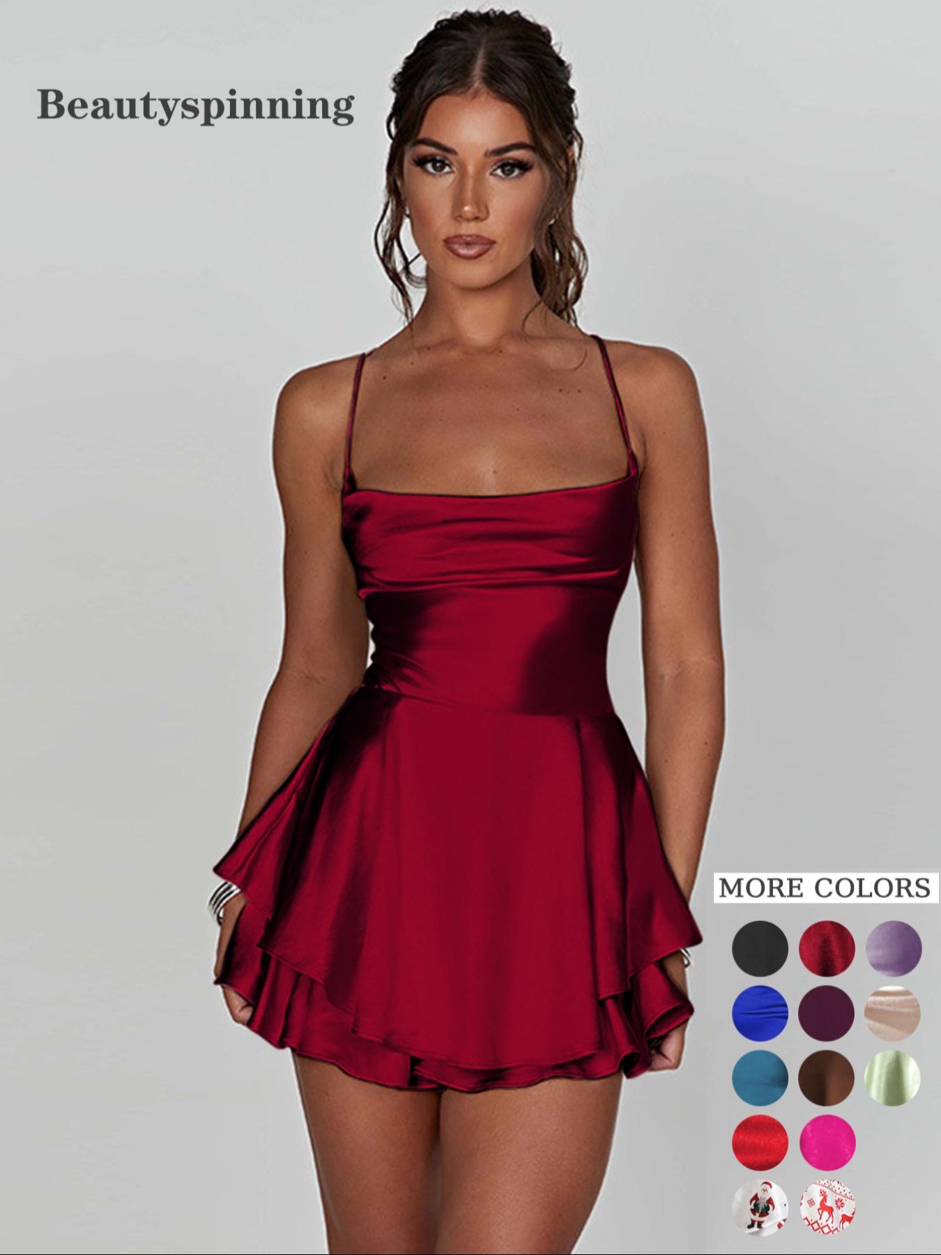 Women's Plain Lace Up Backless Tiered Layer Stretchy Satin Cami Dress, Summer Clothes Women, Womenswear, Elegant Women's Plain Lace Up Backless Tiered Layer Stretchy Satin Cami Dress, Summer Clothes Women, Womenswear, Elegant
