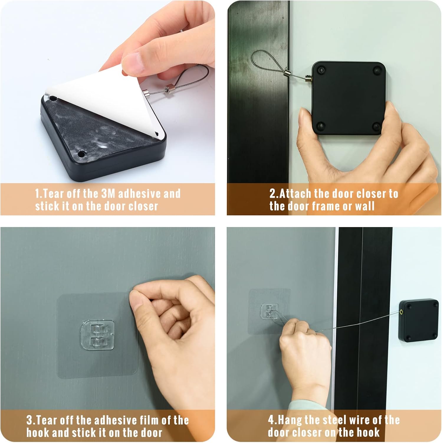 8 Pcs Punch-Free Automatic Door Closer, 800g Tension Self Closing Door Device with 47 Inch Steel Drawstring, Multi-Purpose Auto Door Closing Tool for Bathroom Bedroom Study Office, Black