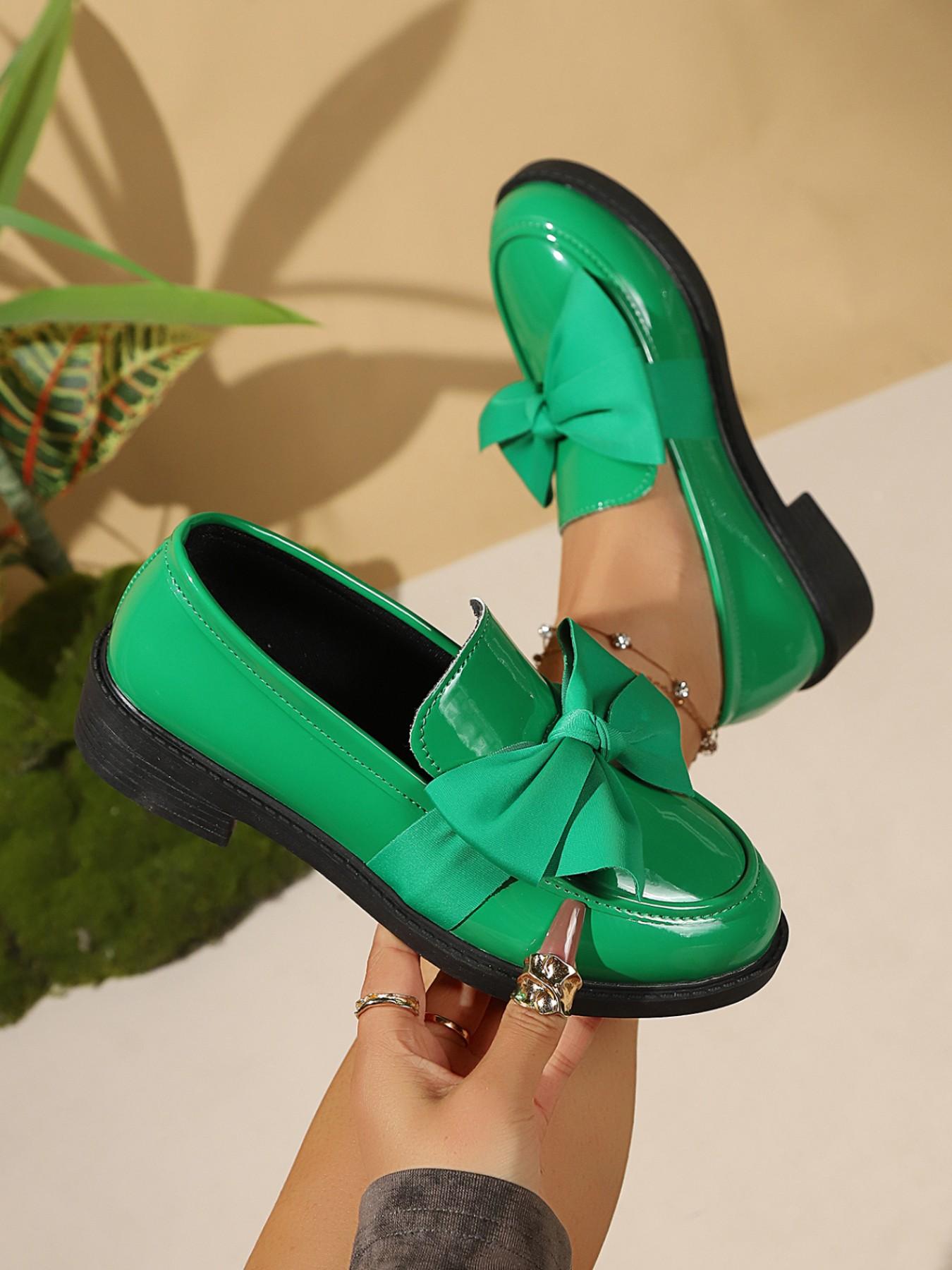 Women's Chunky Heel Patent Leather Loafer Shoes, Plain Design PU Upper Material Rubber Sole, Preppy Style Less Than Ankle Height