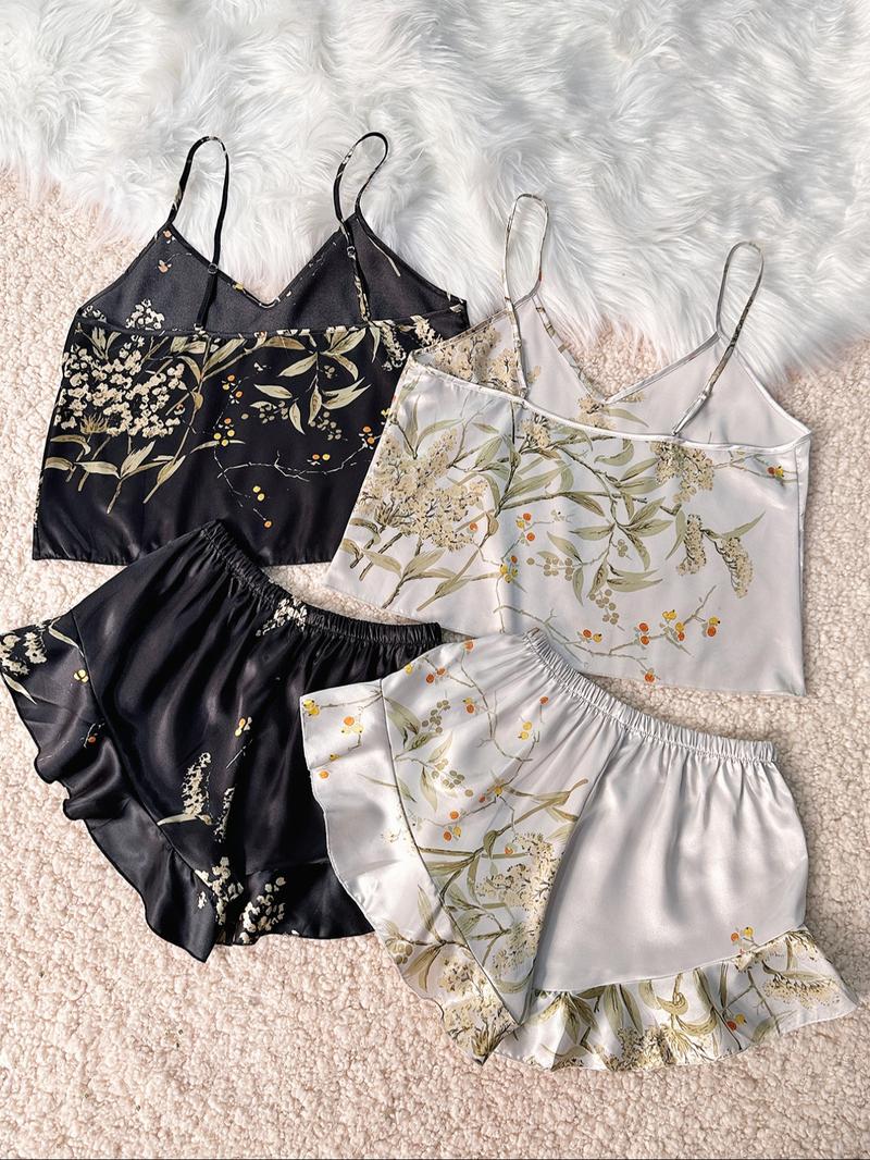 Women's Floral Print Cami Top & Ruffle Trim Shorts Satin Pyjama Set, Summer Outfits 2024, Casual Comfort Camisole & Elastic Waist Shorts PJ Set, Summer Clothes, Sleepwear Set for Women