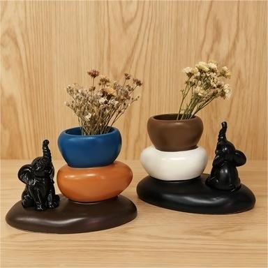 Creative Two-Color Elephant Stack Stone Vase Set, Nordic Style Color Block Design, Living Room Entryway Atmosphere Soft Decor, Home Gift
